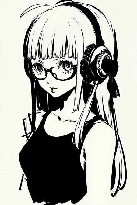 4276321487-3973685756-persona (_style_), 1girl, sakura futaba, solo, monochrome, glasses, headphones, long hair, greyscale, bangs, simple background,.png